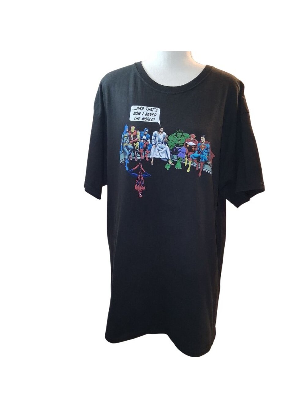 Hanes Mens XL Black Graphic T-Shirt Jesus & Superheroes "And Thats How I Saved T